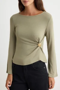 TRENDYOLMİLLA Oil GreenFitted Boat Neck Accessory Detailed Soft Knitting Blouse - Image 3