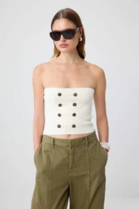 TRENDYOLMİLLA Ecru Strapless Ornate/Napoleon Button Knitwear Blouse - Image 2