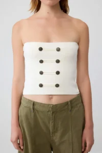 TRENDYOLMİLLA Ecru Strapless Ornate/Napoleon Button Knitwear Blouse - Image 3