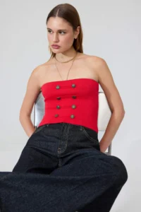 TRENDYOLMİLLA Red Strapless Fancy/Napoleon Button Knitwear Blouse - Image 2