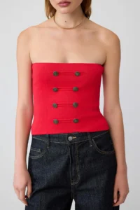 TRENDYOLMİLLA Red Strapless Fancy/Napoleon Button Knitwear Blouse - Image 3