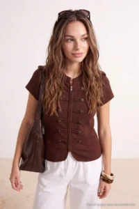TRENDYOLMİLLA Brown Ornate/Napoleon Button Knitwear Blouse