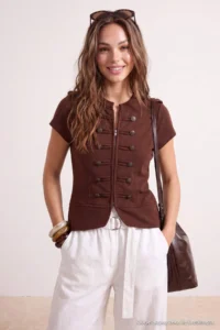 TRENDYOLMİLLA Brown Ornate/Napoleon Button Knitwear Blouse - Image 2