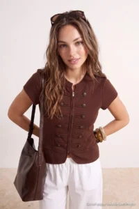 TRENDYOLMİLLA Brown Ornate/Napoleon Button Knitwear Blouse - Image 4