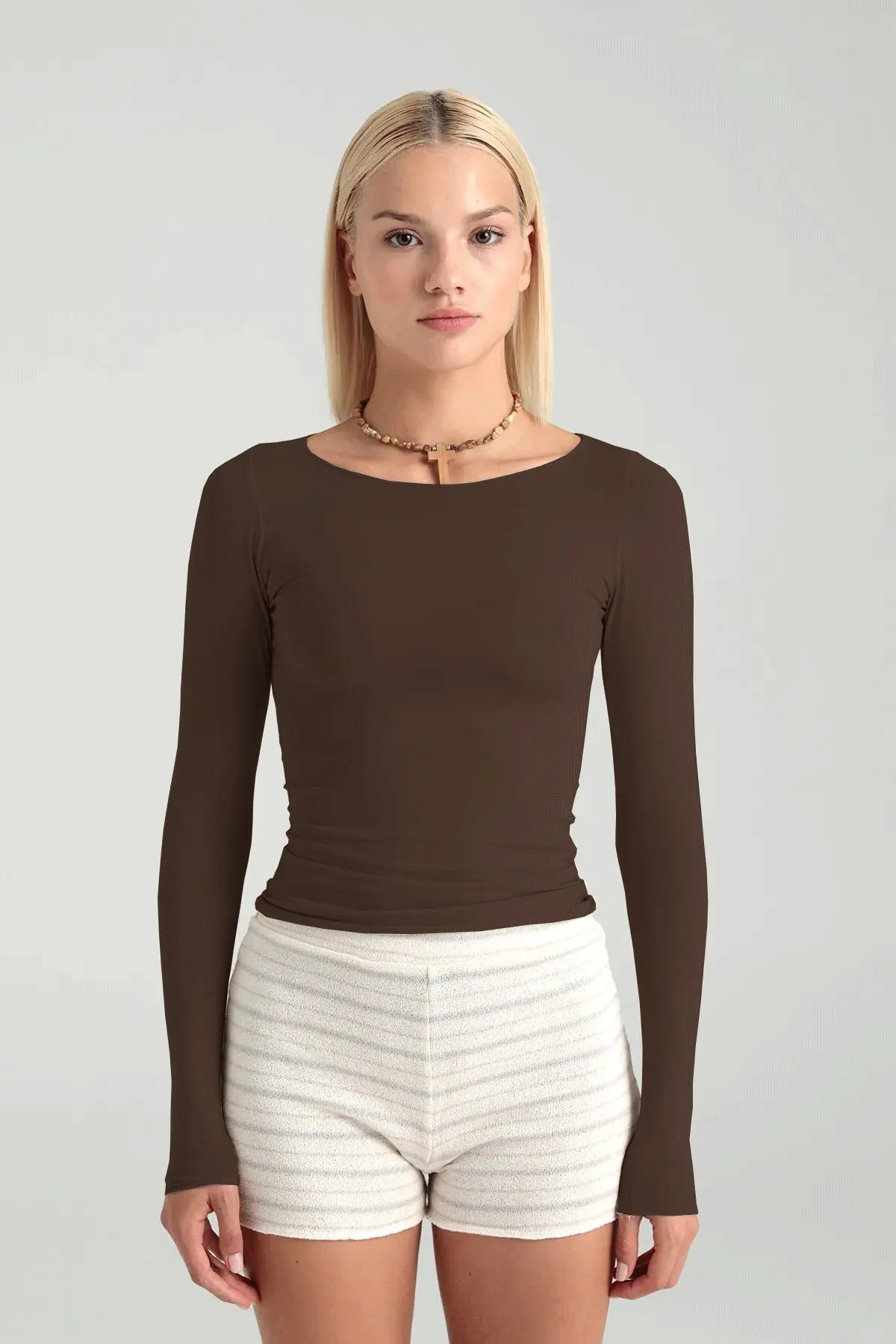 USKYB280225-BROWN_1 Ultra Soft Boat Neck Blouse Brown - Image 1