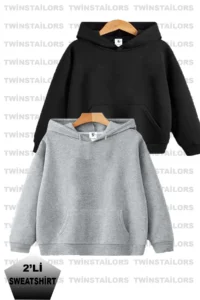 twins tailors Unprinted 2 Pack Unisex Black-Grey Hooded Children's School Sweatshirt with Fleece Inside