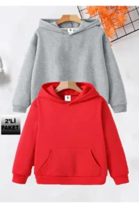 twins tailors Unprinted 2 Pack Unisex Red-Grey Hooded Children's School Sweatshirt with Fleece Inside