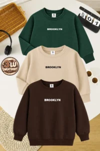 twins tailors Brooklyn Printed 3 Pack Unisex Crew Neck Beige-Green-Brown Kids Sweatshirt