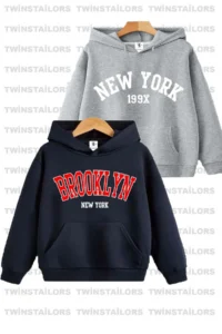twins tailors New York-Brooklyn Printed Unisex Double Pack Grey-Navy Blue Hooded Children's Sweatshirt Hoodie
