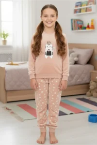 DOFİ Girl's Salmon Cat Patterned Supersoft Pajama Set