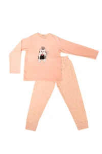 DOFİ Girl's Salmon Cat Patterned Supersoft Pajama Set - Image 2