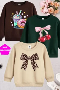 twins tailors Ribbon And Donat Printed Beige-green-brown Triple Crew Neck Girl's Sweatshirt