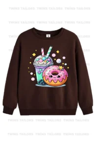 twins tailors Ribbon And Donat Printed Beige-green-brown Triple Crew Neck Girl's Sweatshirt - Image 6