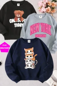 twins tailors Cat and Teddy Bear Printed Black-Grey-Navy Blue Triple Crew Neck Girls' Sweatshirt