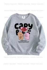 twins tailors Capybara and Girl Printed Grey-Navy Blue-Red Triple Crew Neck Girls' Sweatshirt - Image 6