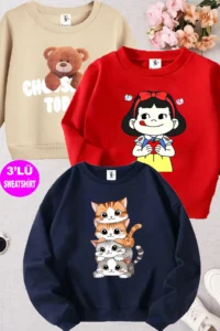 twins tailors Beige-Red-Navy Blue Triple Crew Neck Girl's Sweatshirt with Girl and Cat Print on the inside