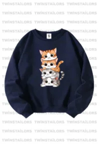 twins tailors Beige-Red-Navy Blue Triple Crew Neck Girl's Sweatshirt with Girl and Cat Print on the inside - Image 2