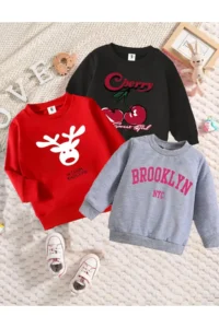 twins tailors Cherry Printed Black-Grey-Red Triple Crew Neck Girl's Sweatshirt with fleece inside