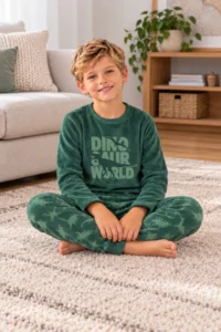 DOFİ Boy's Green Super Soft Dinosaur Patterned Pajama Set