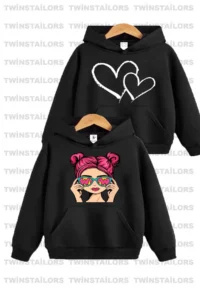 twins tailors Heart Printed Girl's Double Black Hooded Children's Sweatshirt Hoodie