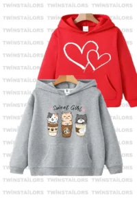 twins tailors Sweet Girl Cat Printed Girl's Double Pack Grey-Red Hooded Children's Sweatshirt Hoodie