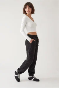Drop by TrendyolMilla Stone Printed Leg Elastic 3 Yarn Brushed Sweatpants Black
