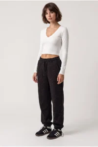 Drop by TrendyolMilla Stone Printed Leg Elastic 3 Yarn Brushed Sweatpants Black - Image 2
