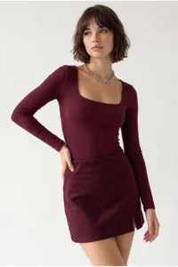 Drop by TrendyolMilla Burgundy Bowl Mini slit Shorts Skirt - Image 2