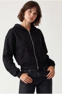 Drop by TrendyolMilla Simli Kangaroo with pocket Zippered Cardigan Sweatshirt Black - Image 2
