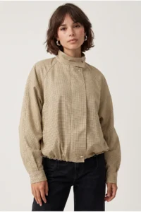 Drop by TrendyolMilla Beige Square Patterned Bat Arm Lined Waist Tire Adjustable Zippered Jacket