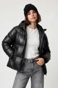 Drop by TrendyolMilla Hooded Leather Puffer Jacket Coat Black