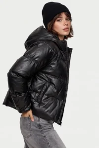 Drop by TrendyolMilla Hooded Leather Puffer Jacket Coat Black - Image 2