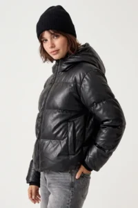 Drop by TrendyolMilla Hooded Leather Puffer Jacket Coat Black - Image 3