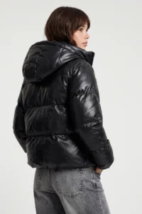 Drop by TrendyolMilla Hooded Leather Puffer Jacket Coat Black - Image 4