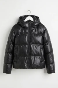 Drop by TrendyolMilla Hooded Leather Puffer Jacket Coat Black - Image 5