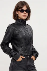 Drop by TrendyolMilla Lined Leather High Neck Stitching Detailed Crop Jacket Black