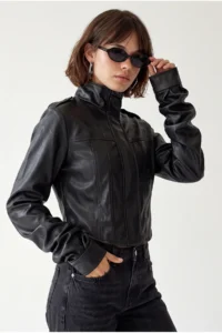 Drop by TrendyolMilla Lined Leather High Neck Stitching Detailed Crop Jacket Black - Image 2