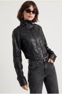 Drop by TrendyolMilla Lined Leather High Neck Stitching Detailed Crop Jacket Black - Image 3