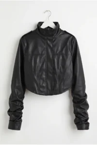 Drop by TrendyolMilla Lined Leather High Neck Stitching Detailed Crop Jacket Black - Image 5