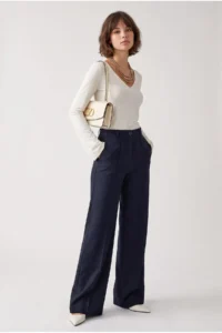 Drop by TrendyolMilla High Waist Plain Hem Dress Pants NAVY BLUE