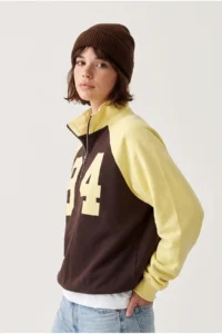 Drop by TrendyolMilla Half Zippered Raglan Sleeve Sweatshirt Brown Yellow - Image 3