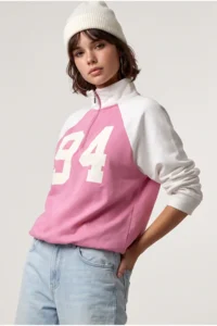 Drop by TrendyolMilla Half Zippered Raglan Sleeve Sweatshirt PINK WHITE - Image 2