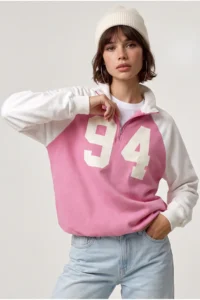Drop by TrendyolMilla Half Zippered Raglan Sleeve Sweatshirt PINK WHITE - Image 3