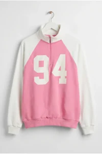 Drop by TrendyolMilla Half Zippered Raglan Sleeve Sweatshirt PINK WHITE - Image 5