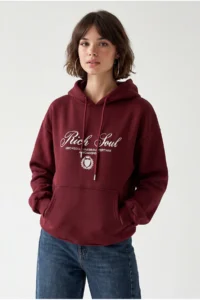 Drop by TrendyolMilla 3 Yarn Brushed Half Zippered Text Printed Sweatshirt Burgundy