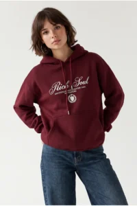 Drop by TrendyolMilla 3 Yarn Brushed Half Zippered Text Printed Sweatshirt Burgundy - Image 2