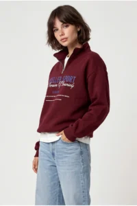 Drop by TrendyolMilla 3 Yarn Brushed Half Zippered Text Printed Sweatshirt Burgundy - Image 2