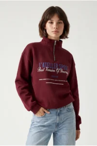 Drop by TrendyolMilla 3 Yarn Brushed Half Zippered Text Printed Sweatshirt Burgundy - Image 3