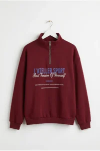Drop by TrendyolMilla 3 Yarn Brushed Half Zippered Text Printed Sweatshirt Burgundy - Image 5