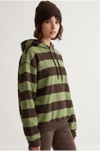 Drop by TrendyolMilla Thick Striped Hooded Oversized Sweatshirt Green - Brown - Image 2